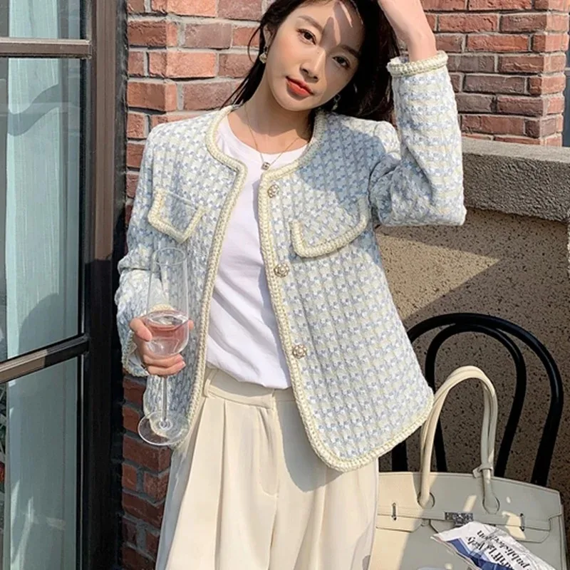 High Quality French Vintage Small Fragrance Tweed Jacket Coat Women's Spring Autumn Casual Fried Street Short Coat Plaid Outwear
