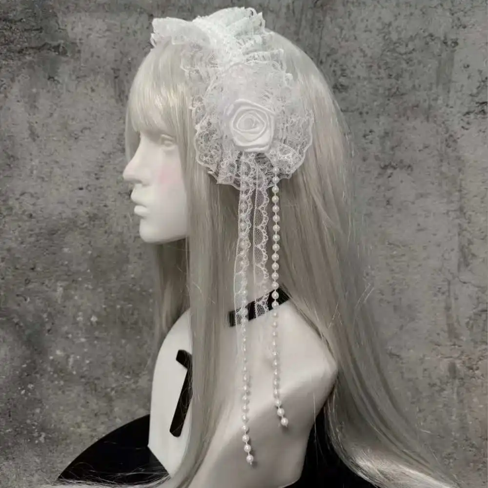 

Handmade White Lace Lolita Bow Pearl Rose Fringe Headband Gothic Headwear Subculture Lolita Hair Accessories