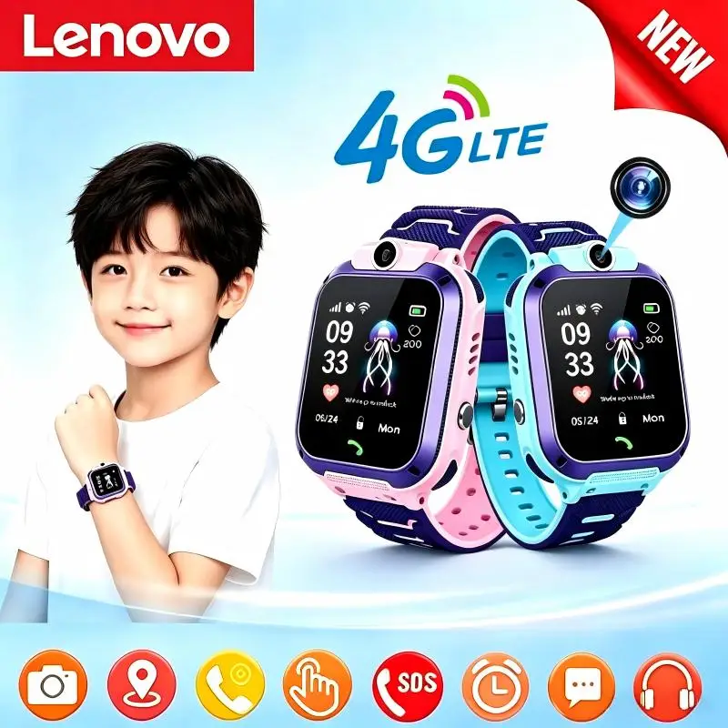 Reloj inteligente Lenovo resistente al agua, con funciones SOS, GPS, localización, tarjeta SIM, cámara y llamadas, para niños, con tecnología 4G, ideal como regalo para niños y niñas, compatible con iOS y Android, modelo nuevo.