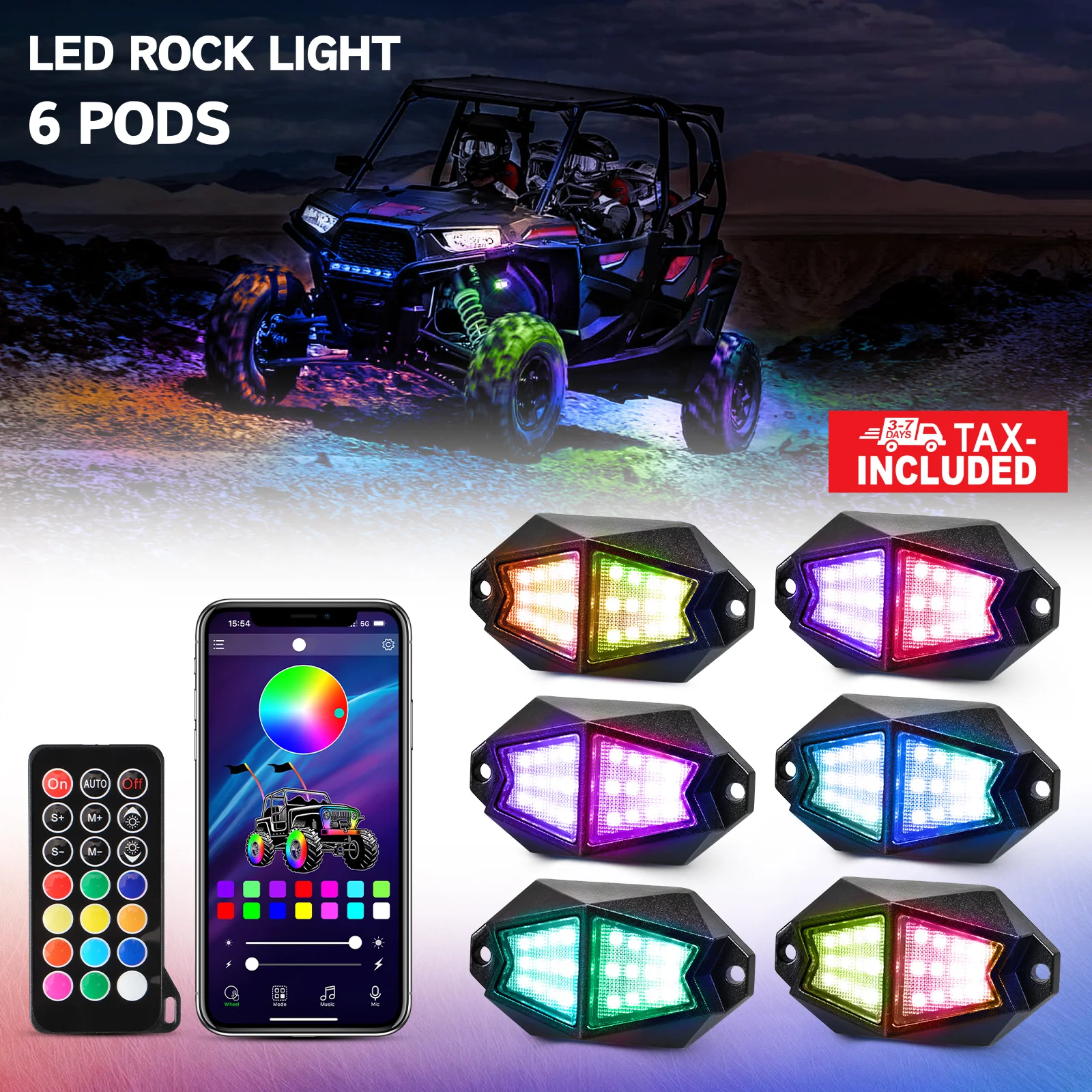 

6-этажные светодиодные рок-подсветки RGB с приложением и дистанционным управлением, музыкальные неоновые автомобильные подсветки шасси для внедорожников, грузовиков, внедорожников, квадроциклов