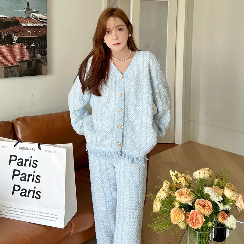 Winter Ins Sweet Tassel Cardigan Set Sleepwear Women\'s Winter Thick Warm Knitted Home Clothes Two Piece Set Light Blue