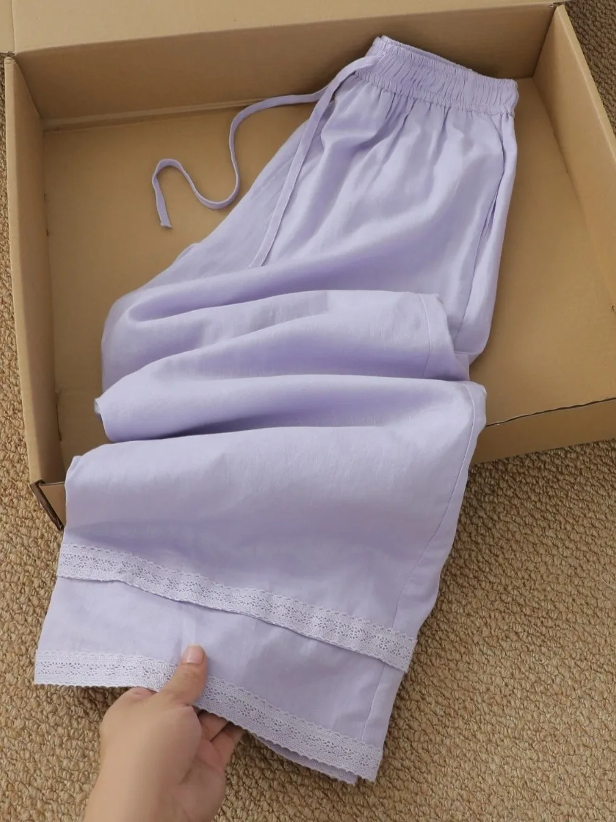 Lace Splicing Wide Leg Pants Women's Cotton Linen Casual Loose Style Summer Slimming Pants Straight Cut Daily Wear