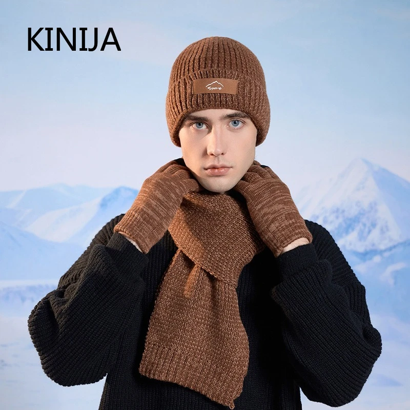 Winter Cap Gloves Scarf Set Women Knitted Hat Thickened Fleece Lining Skullcap Outdoor Cycling Skiing Windproof Skullies Beanies