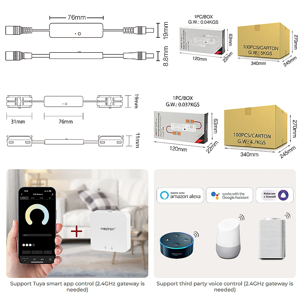 Miboxer Mini LED Dimmer MLR1 MLR2 2.4GHz Wireless WiFi Tuya APP Controller Max 6A For  Single Color 2835 5050 LED Strip Light