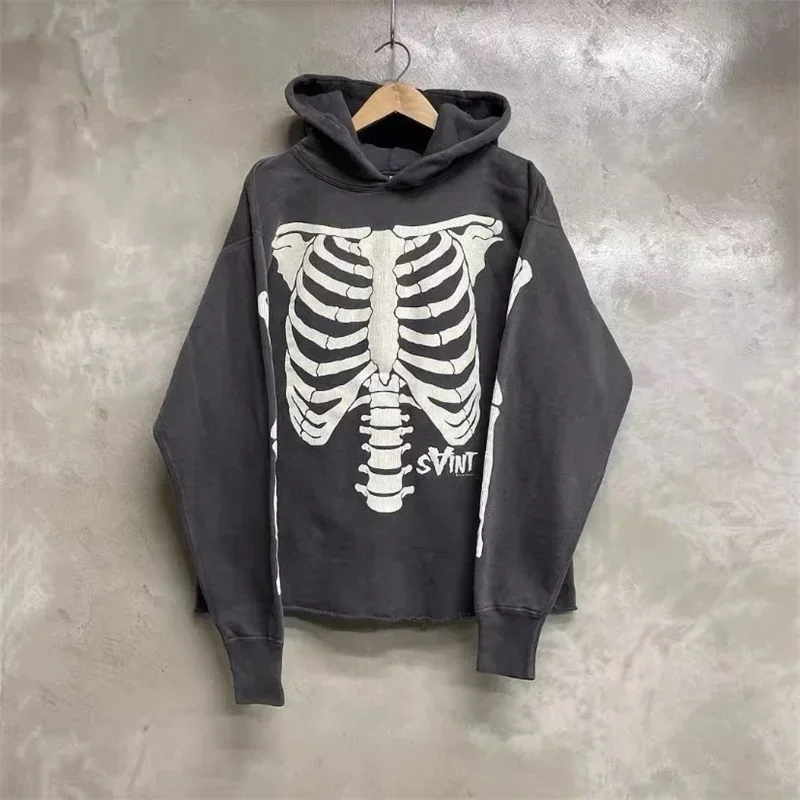 

24ss Skeleton Printed Saint Michael Hoodie Men Women 1:1 Best Quality Oversized Washed Black Hooded Pullovers