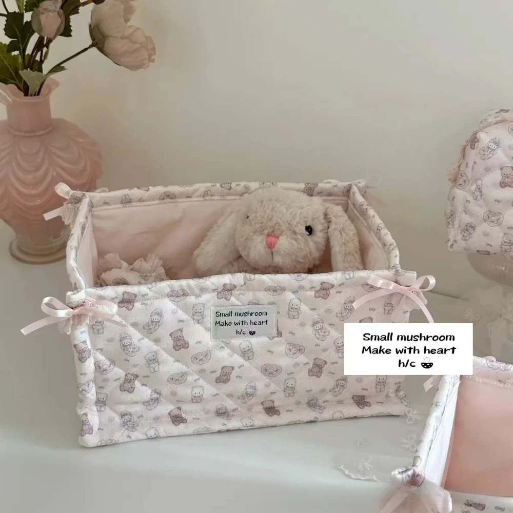 Dreamy Girl Rectangular Satin Storage Basket Desktop Organizer Storage Basket Pink Bear Home Decoration Travel Essentials