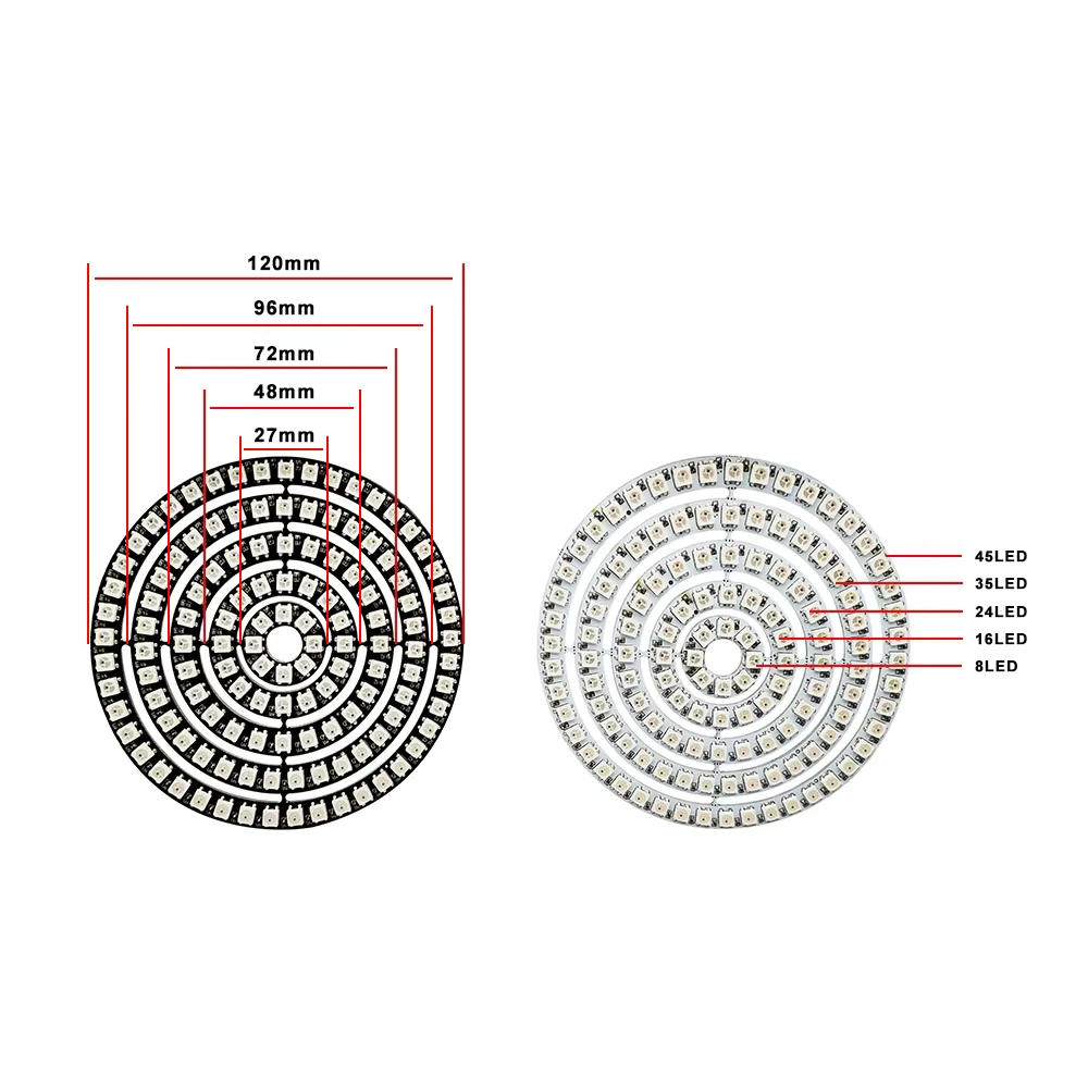 Bande Lumineuse LED Circulaire Adressable à 3 Broches, Technologie Ronde, 5050 Pixels RVB, WS2812 IC Intégré, DC5V WS2812B