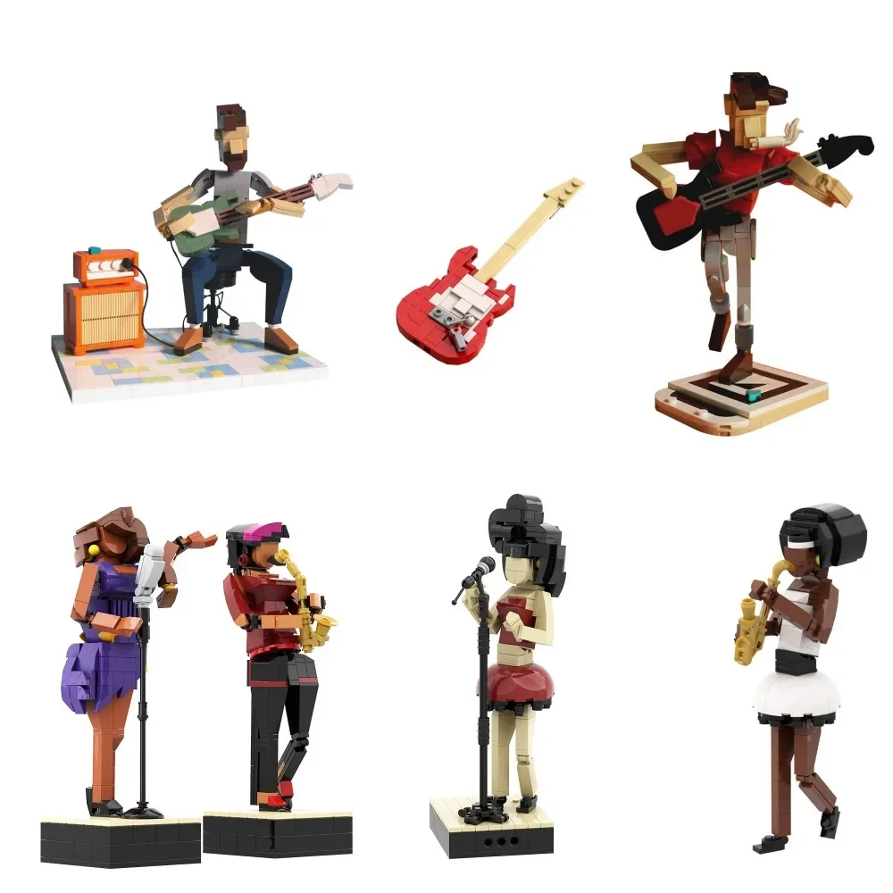 MOC Jazz Club Jam Session Guitarist Building Blocks Model Lead Guitarist Bricks Amy Winehouse Blue Brick Assembled Toy Kids Gift