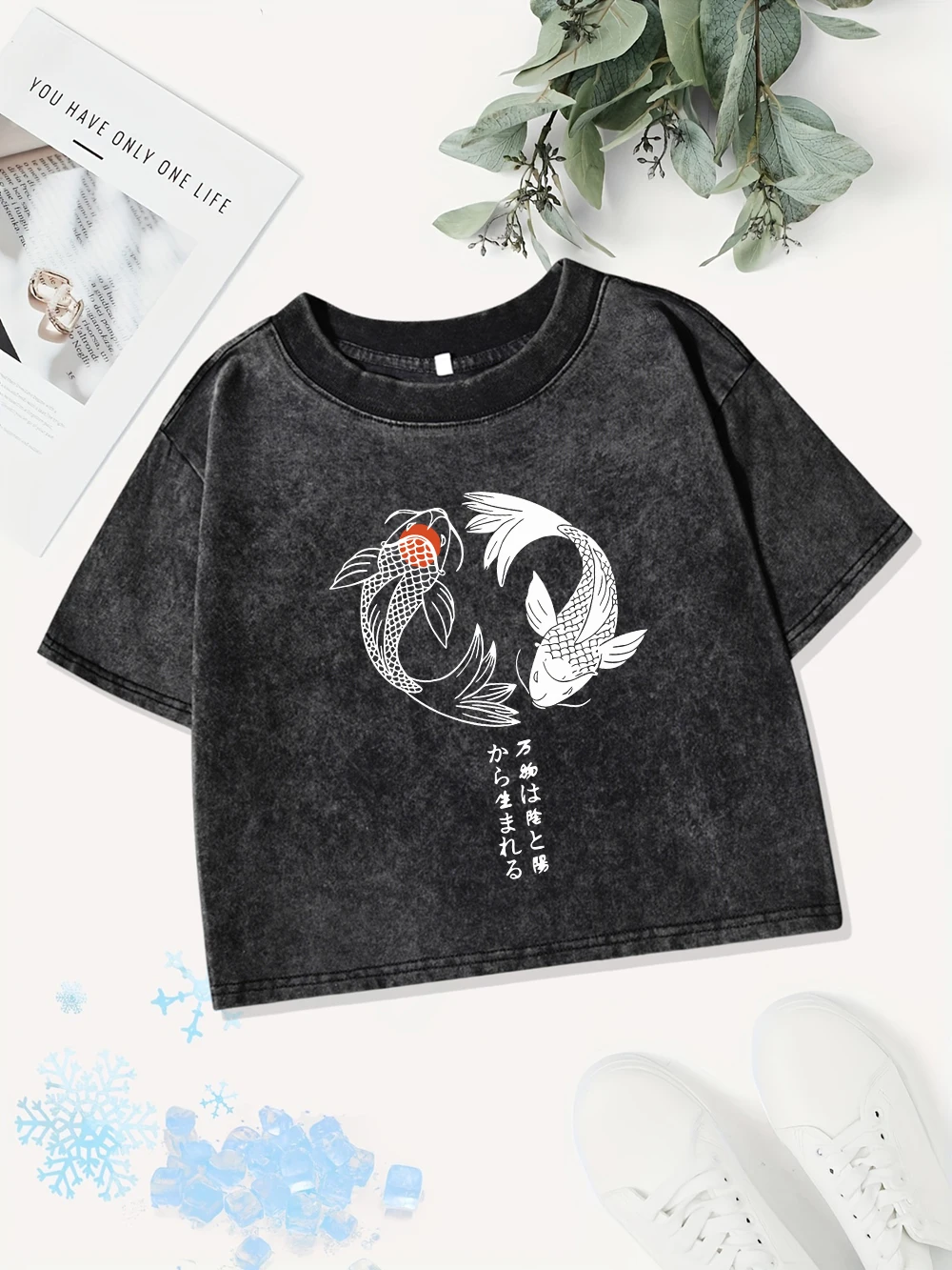 Casual Cotton Crop Tops Womens Japanese Koi Harajuku Prints Washed T-Shirts Street O-Neck Regular Fit Streetwear Sexy Clothes