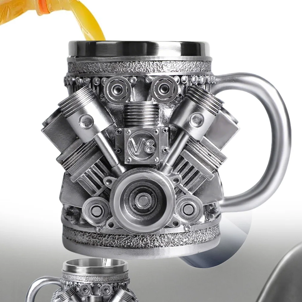 Tasse en acier inoxydable V8, tasse à café au design de moteur de voiture 3D, tasse à bière créative en forme de moteur, cadeau pour les passionnés de voitures et les fans de course