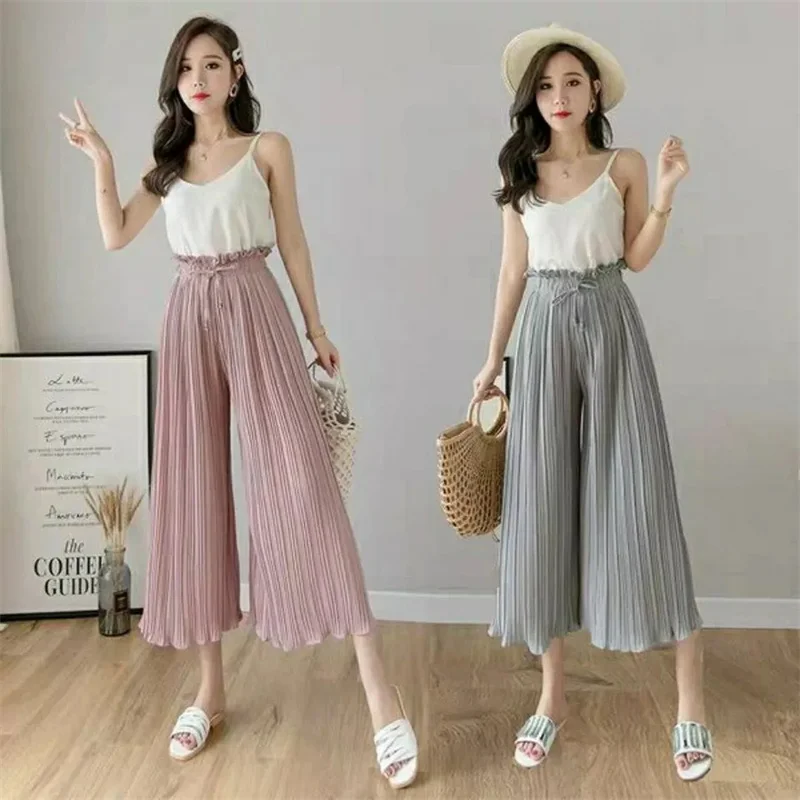 

2023 Summer New Chiffon Pleated Wide-Leg Pants Women's Ruffled High Waist Loose Drape Nine Casual Bell-Bottoms Female