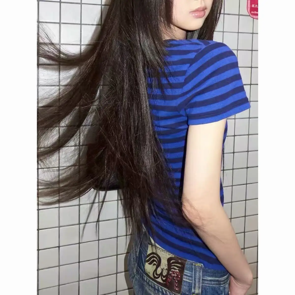 Korean style V-neck Stripe Slim Women Summer Short Sleeve New 90s T shirt V neck Sweet Girl Blue Y2k Crop Top Aesthetic T shirts