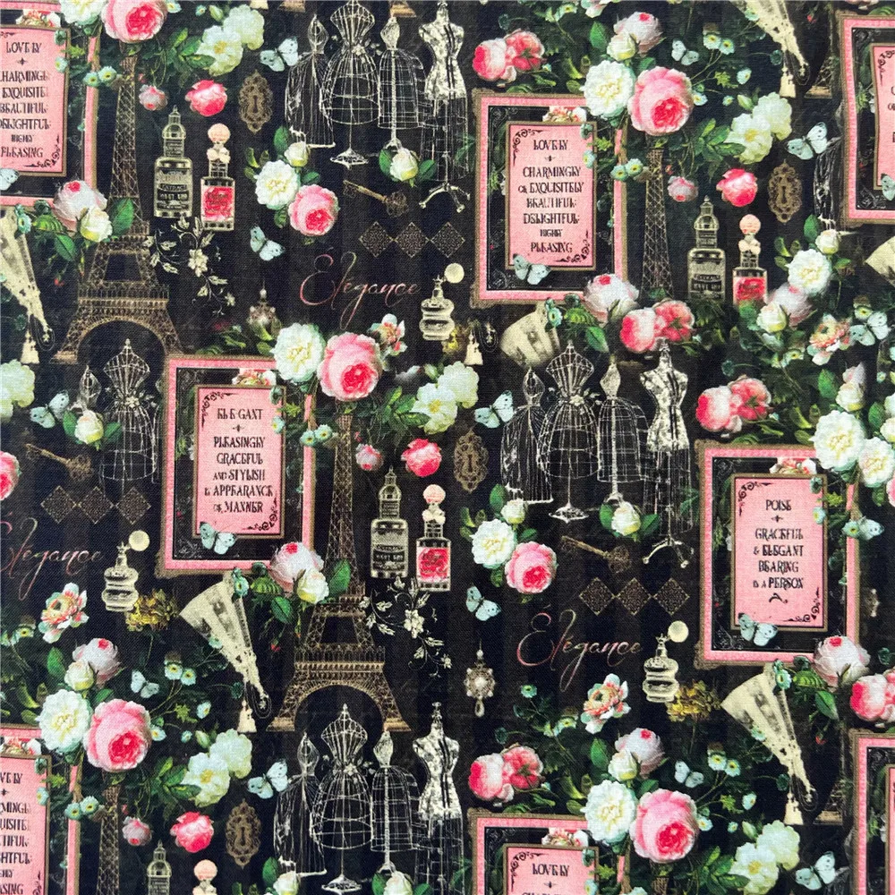 45x145cm Vintage rose Eiffel Tower model 100% Cotton Fabric Vintage Floral Material Patchwork Sewing  Quilt Needlework DIY Cloth