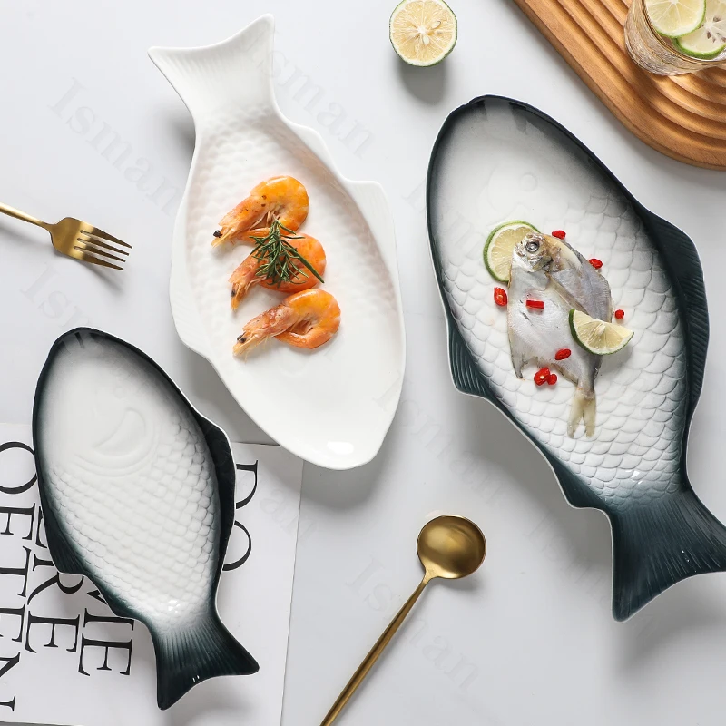 Creative Fish Shaped Ceramic Plate Simple Restaurant Tableware Steamed Fish Dish Grilled Fish and Seafood Dishes Dinner Plates