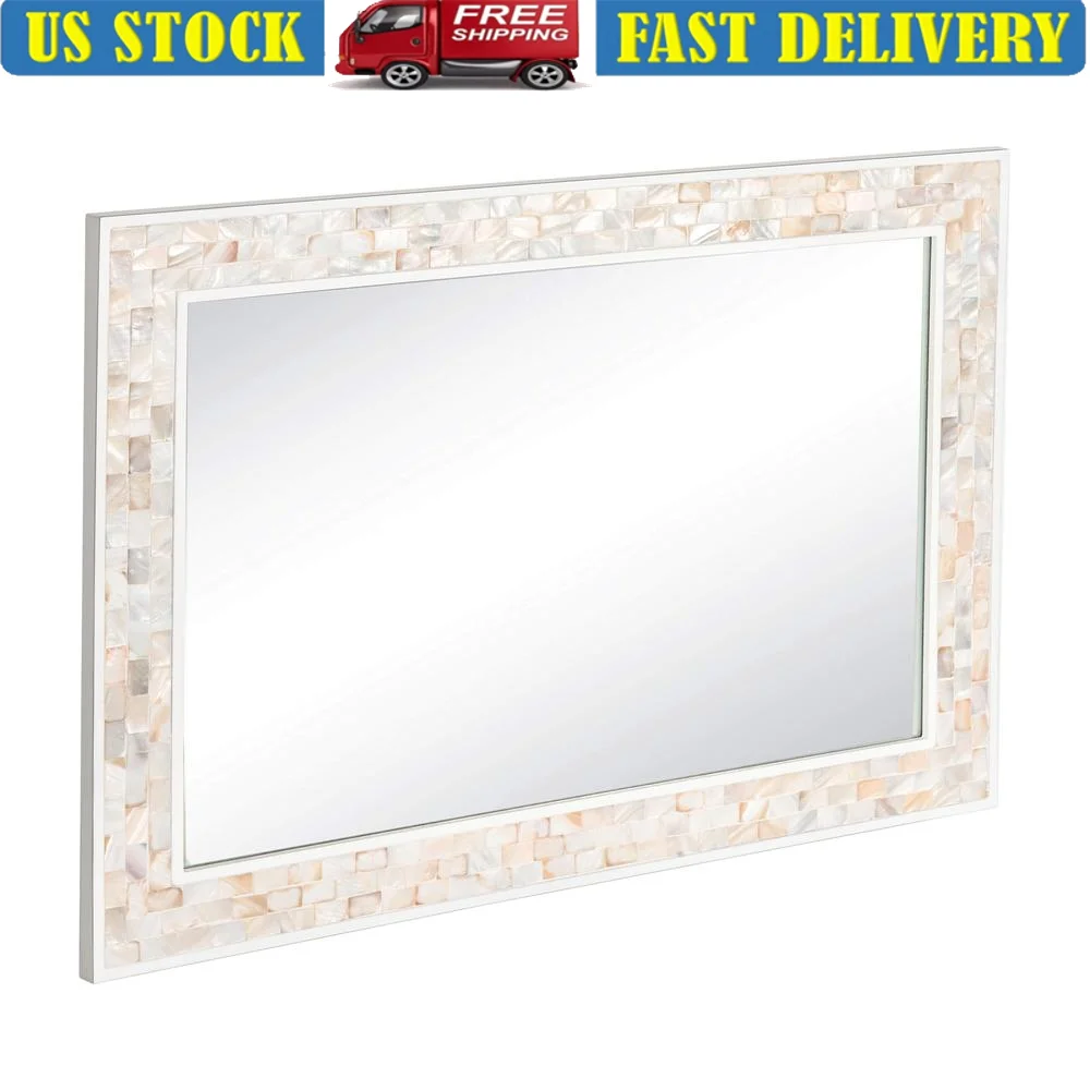 Rectangle Mosaic Mother of Pearl Inlay Wall Mirror 24x36 Inch Coastal Decor Bathroom Mirror