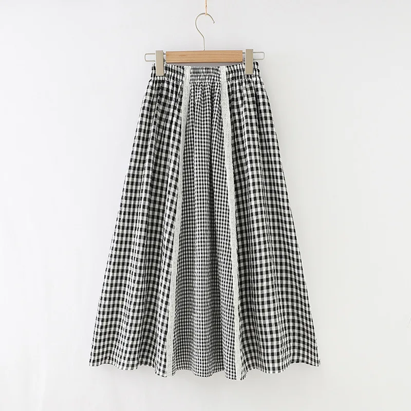 Summer Fashion Women Vintage Patchwork A-line Skirt Good Quality Elastic Waist Lace Patch Plaided Retro Japan Style Fresh Skirt