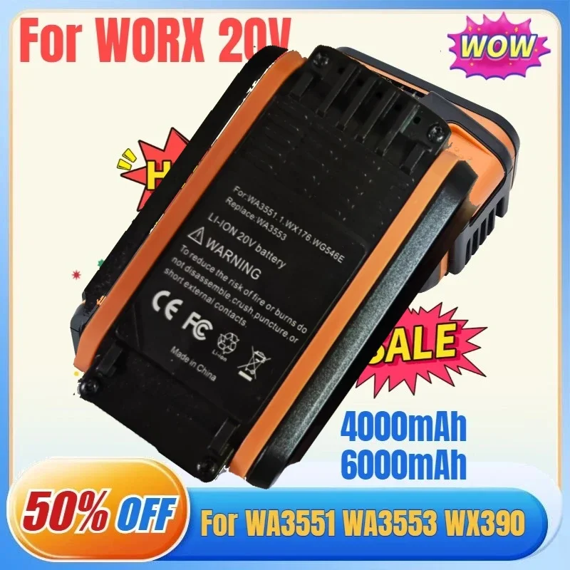 SWZY 20V 4.0/6.0 Rechargeable Lithium Battery for Power Tools Suitable for Worx WA3553 35514 WA3551 WX390 Rechargeable Battery