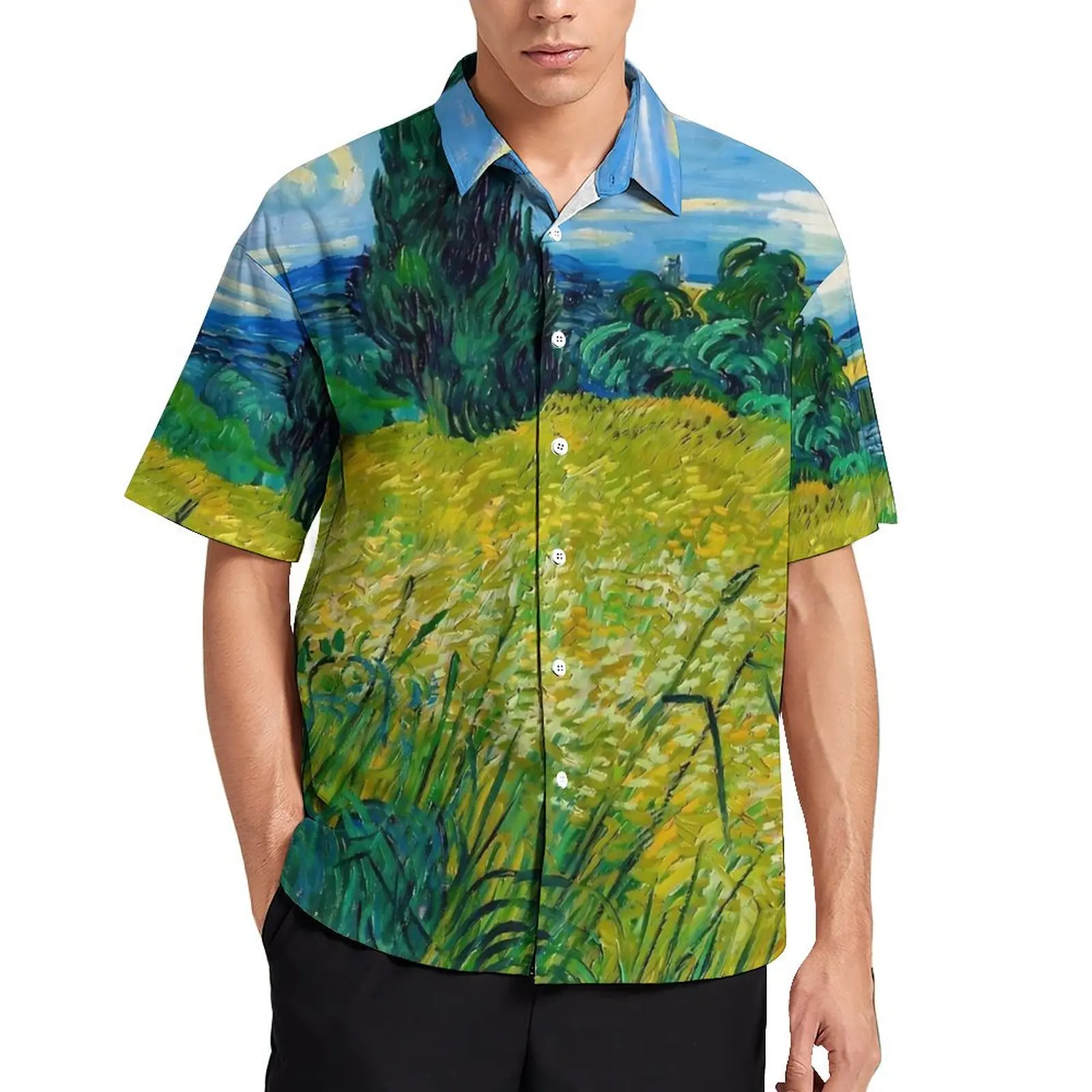 Van Gogh Beach Shirt Men Green Wheat Field Elegant Casual Shirts Hawaii Short Sleeve Y2K Street Plus Size 4XL Blouses Gift Idea