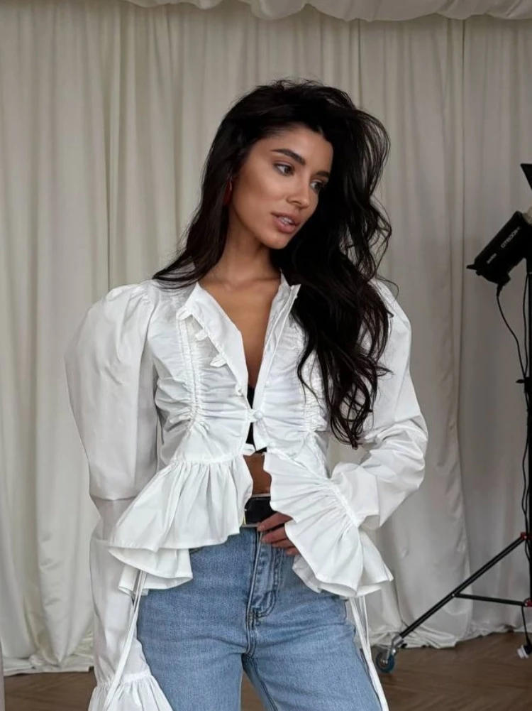 

Chic Ruffles Hem Slim Long Sleeve Women Shirts Elegant O-neck Single Breasted Drawstring Bandage Short Tops Blouse 2026 New