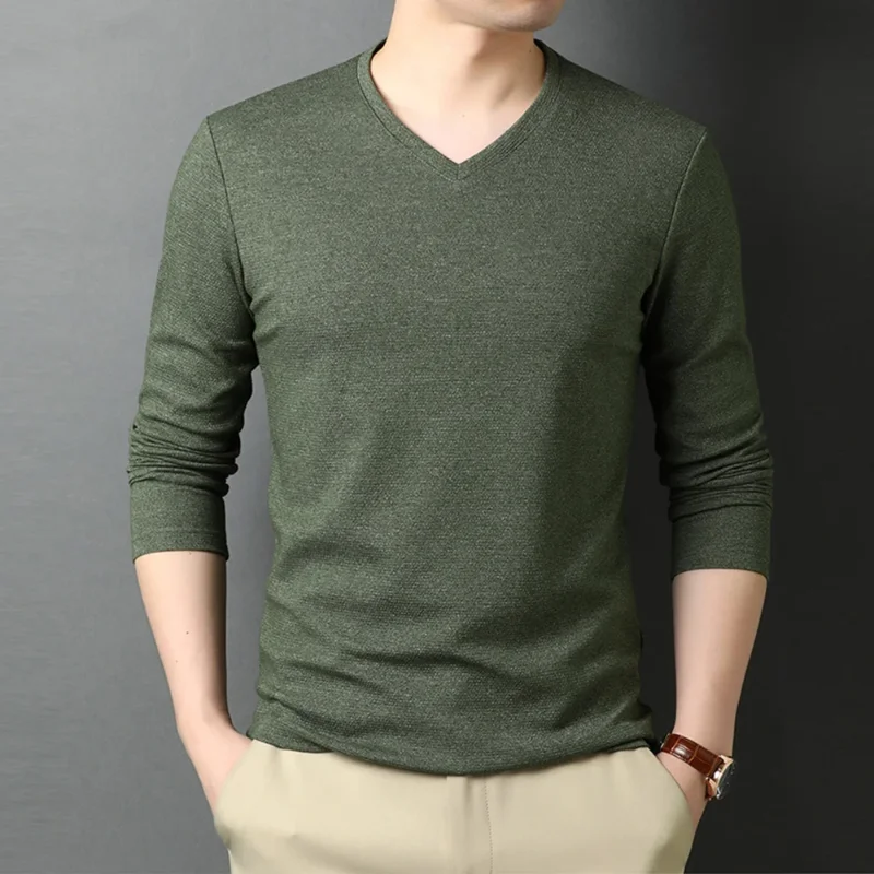 Boreathiman Top Quality New Fashion Brand Solid Color Plain Tees V Neck Long Sleeve t Shirt Men Cotton Casual Men Clothes