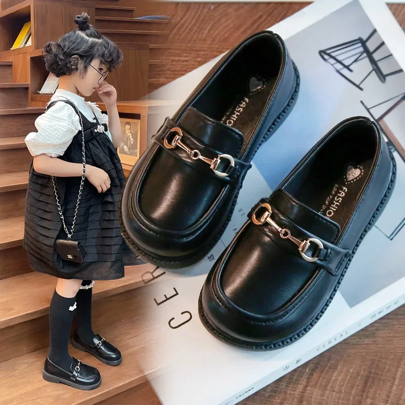 2024 primavera novas meninas meninos britânicos sapatos de couro crianças macio mary janes metal crianças moda casual sólido preto deslizamento-em mocassins