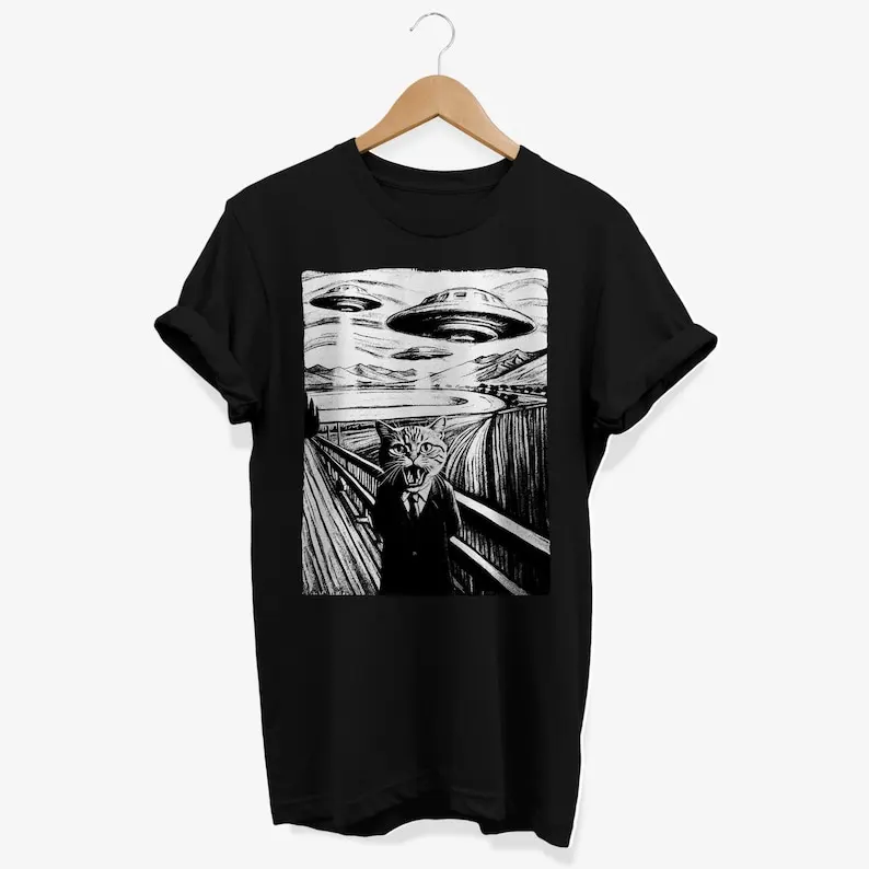

Camiseta OVNI de gato gritando: divertida camiseta gráfica de abducción extraterrestre