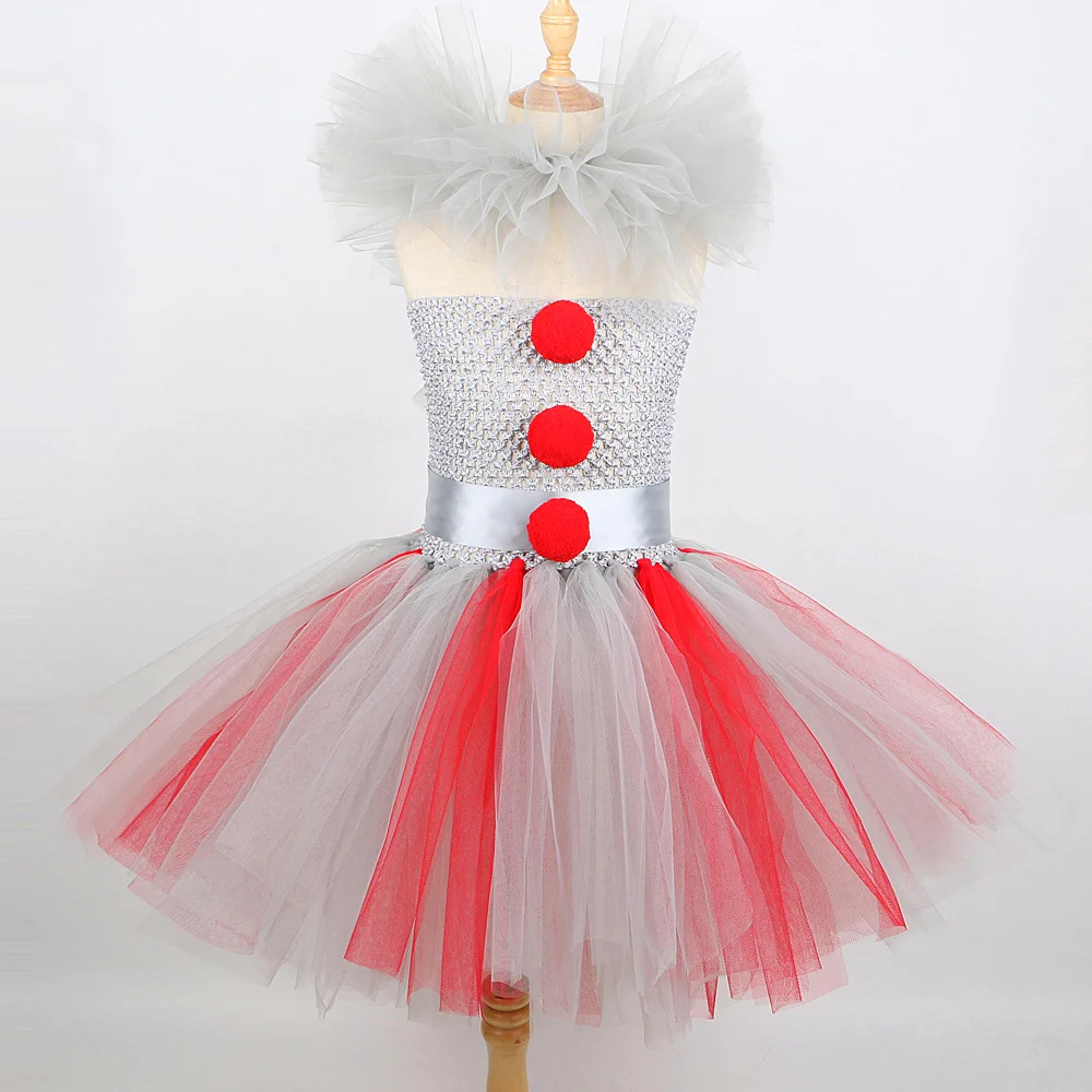 Red Gray Clown Costumes for Girls Circus Pennywise Halloween Fancy Dresses for Kids Joker Carnival Party Ballet Tutus Outfit image 3