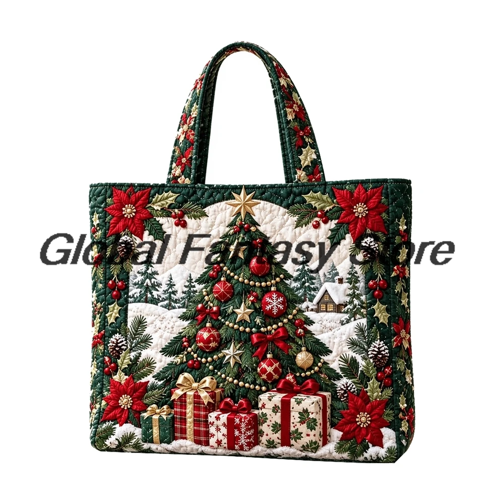 Women Vintage Christmas Quilted Tote Bag Xmas Holiday Pattern Shoulder Bags Large Capacity Casual Shopping HandBag