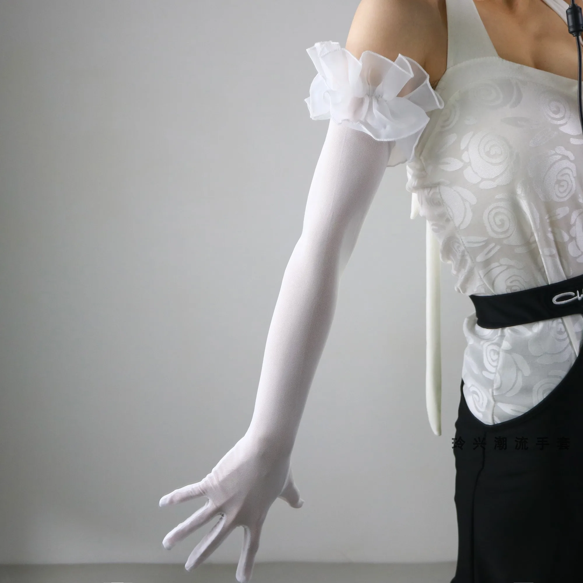 55cm lange Mesh-Handschuhe, sexy Spitzenmanschetten, perlenbesetzt, schwarz, transparent, dünn, für Hochzeiten, Latein, Damen, Sonnenschutz-Ärmel, Sommerhandschuhe, elegant – Detail 24