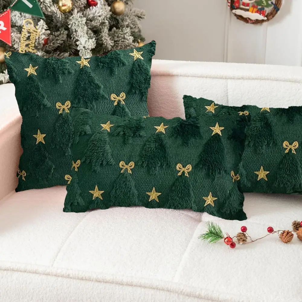 1PC Short Christmas Pillow Cover Bowknot Five-pointed Star Soft Throw Pillow Cover Comfortable Embroidered Xmas Tree Pillowcase