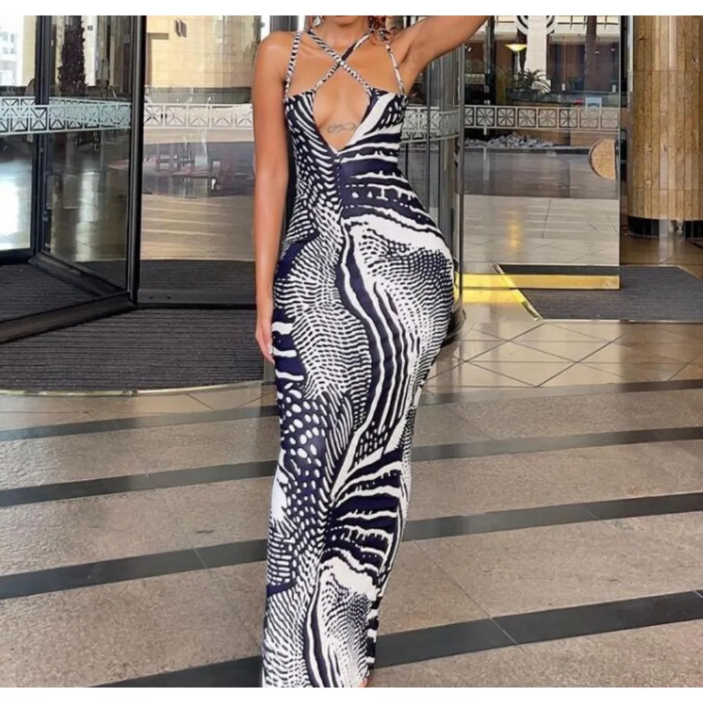 Chic Print Hollow halter Slip Dress Slim High Waist Evening Party Women Halter Hip Wrap Ceremonial dresses