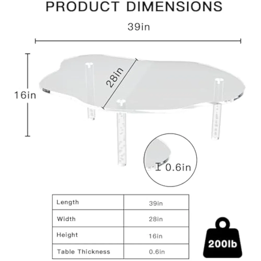 Acrylic Cloud Shaped Coffee Table, Modern Irregular Waterfall Transparent Coffee Table Furniture, with 3 Solid Bubble Legs