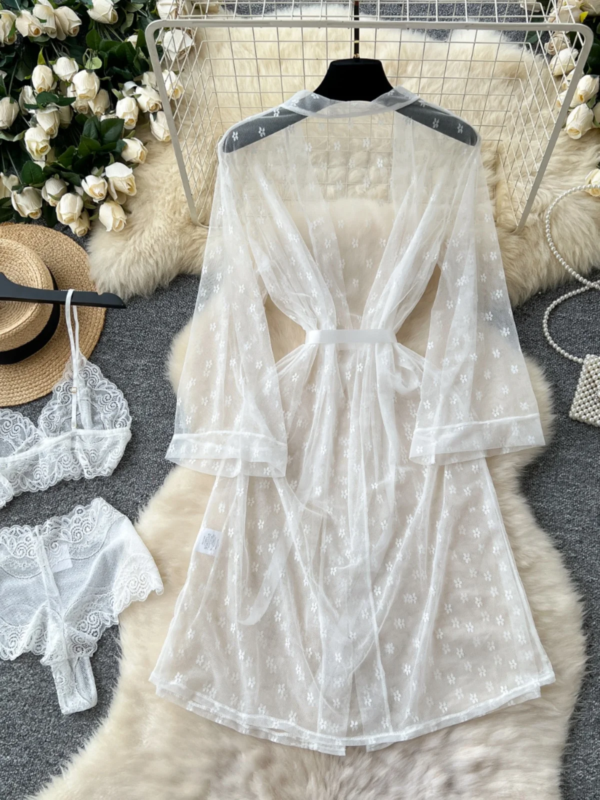 Sexy Pure Desire Spicy Girl Set Women's Lace Strap Brtte orties Tie-Up Me Cardigan Outerwear Faion Ensemble
