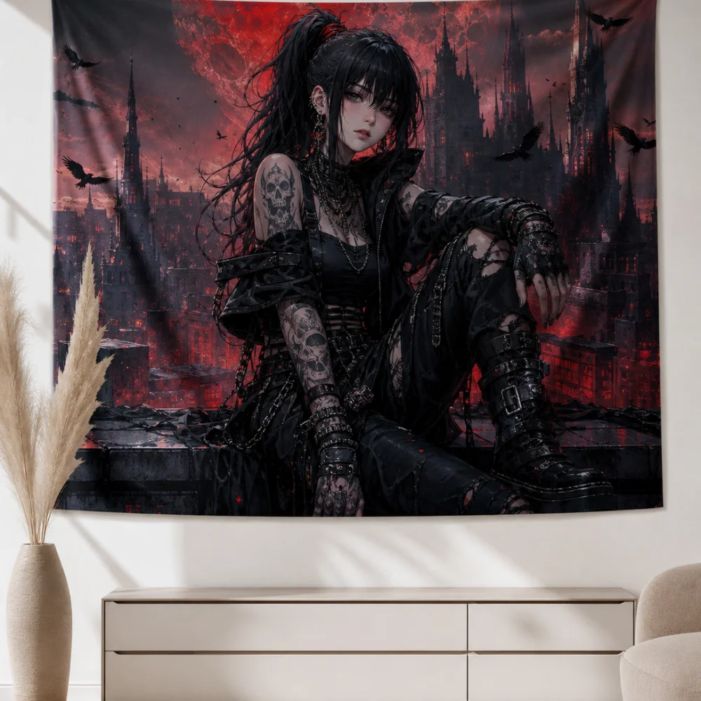 Red Moon Crow Gothic Tattoo Girl 150X100CM Customizable Tapestry Suitable for Dormitory Subcultural Niche Wall Background Cloth