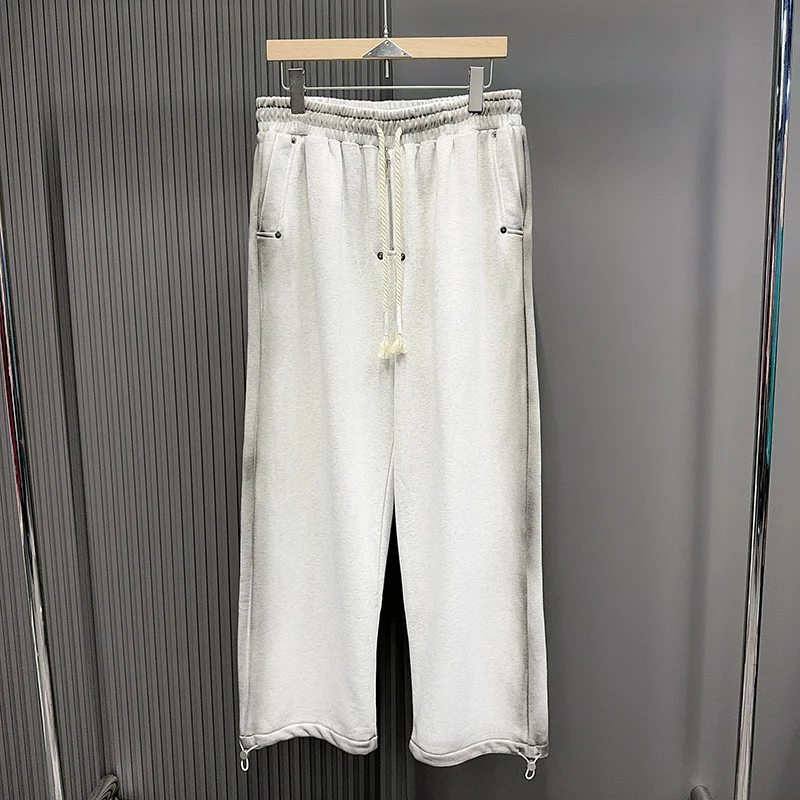 

Spray Dirty Casual Pants Black Gray Straight Loose Trousers Men Women Hip Hop Middle Zipper Braided Rope Drawstring Sweatpants