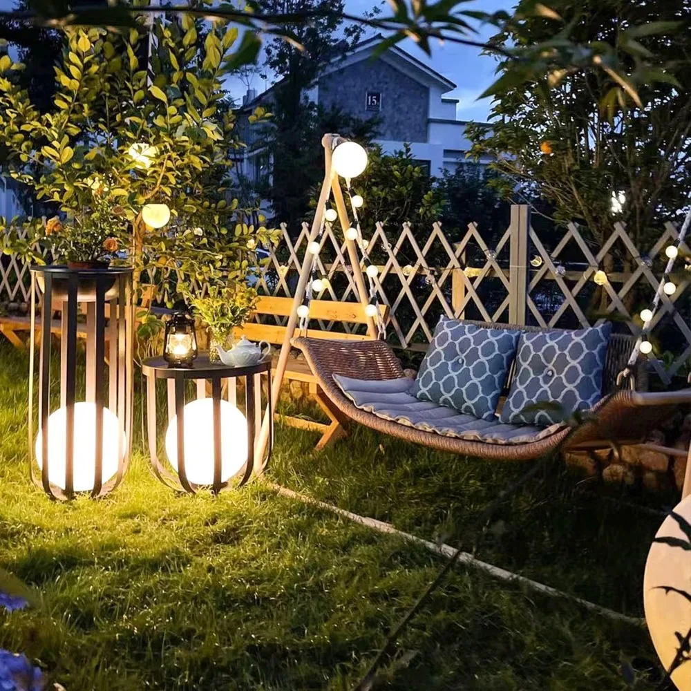 2 Seat Cloud Swing Chair with Stand and 12 LED String Lights Patio Wicker Hanging Swinging