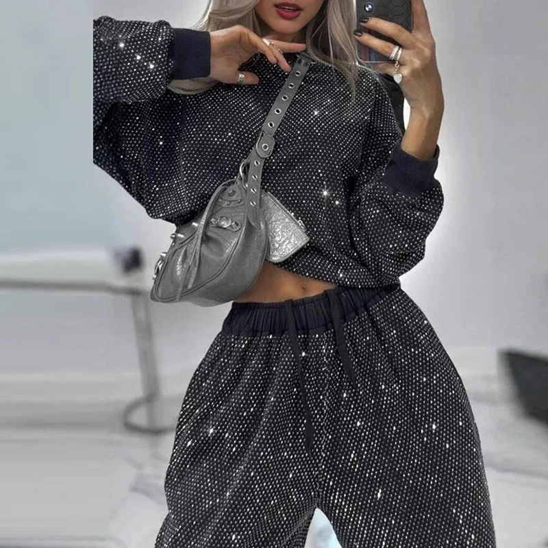 Siren Chic Women's Bright Diamond Stars Shiny 2 Pieces Set Elegant O Neck Top Pullover Lace-up Pant Sets Autumn Sports Suit