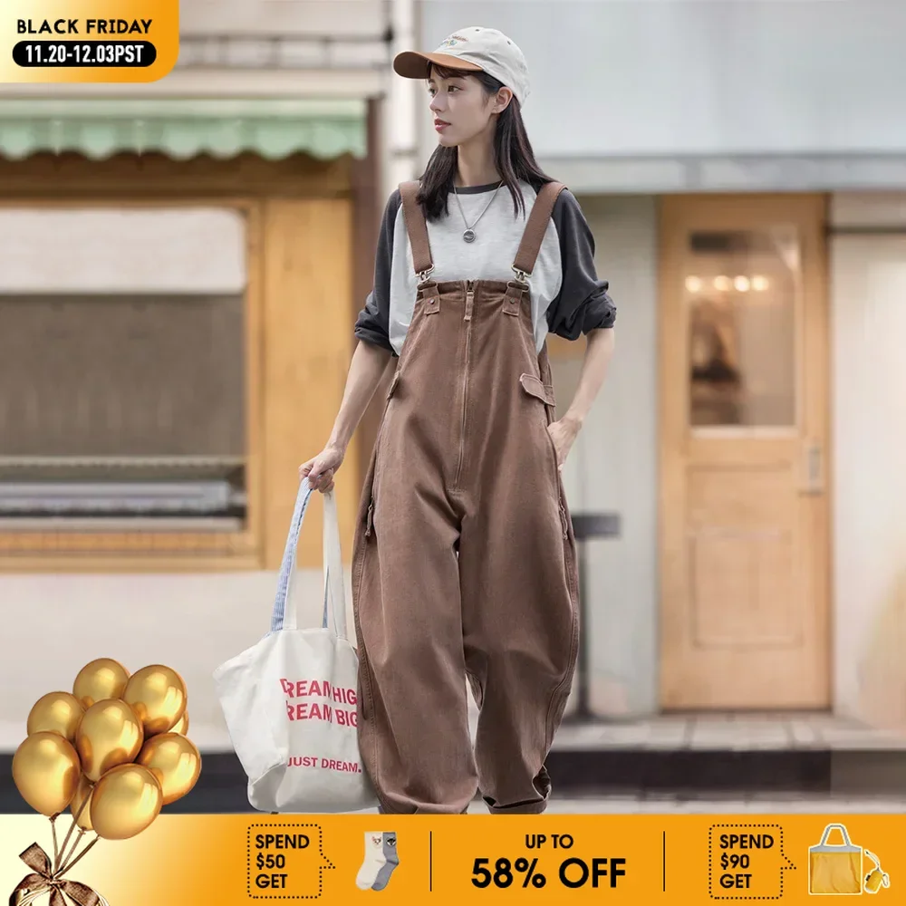 

Maden-Women's Vintage Large Pockets Wash Overalls, Straight Large Size Pants, Cotton Baggy, Adjustable Straps Long Jumpsuits