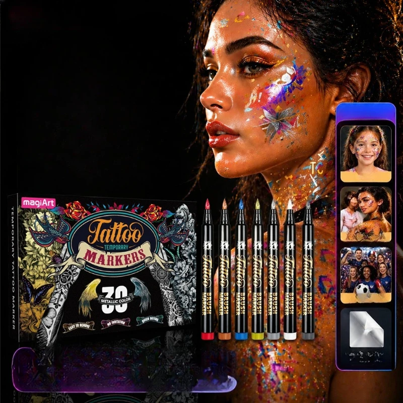 10/30 Colors Metallic Temporary Tattoo Markers Skin Paint Pen for Sports Games Festival Party Body Art Drawing Art Supplies