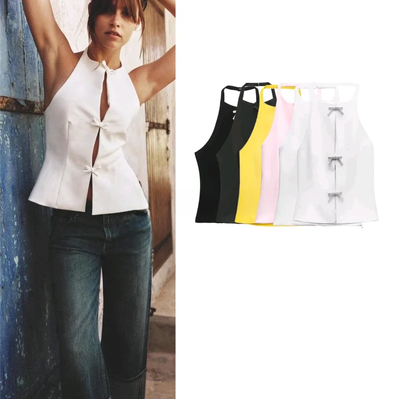 Summer New Women's Design  Knot Ne Hanging Bal ort Top Commute Sle Pure Color Polyester Fiber Blouse