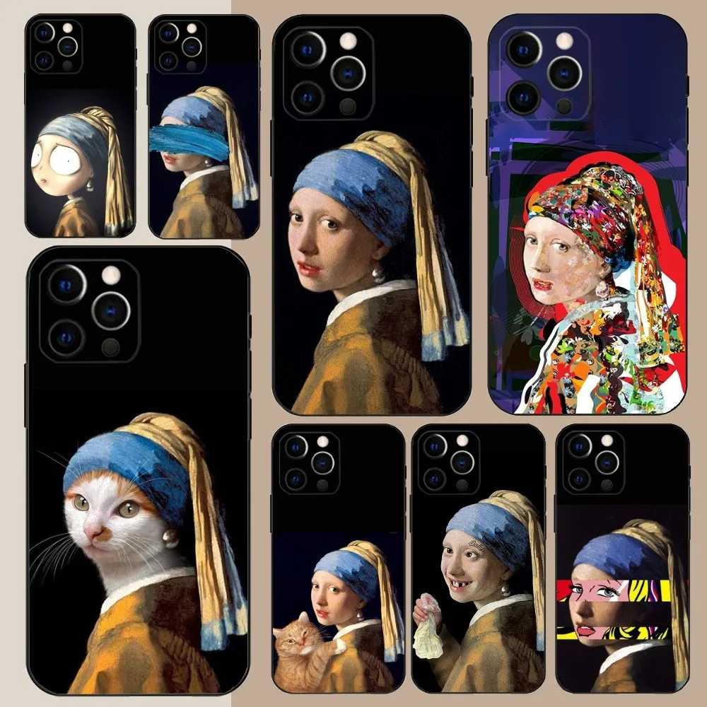 Girl With A Pearl Earring Vermeer Phone Case For Apple iPhone 15,14,13,12,11,Pro,X,XS,Max,XR,Plus,Mini Soft Black Cover