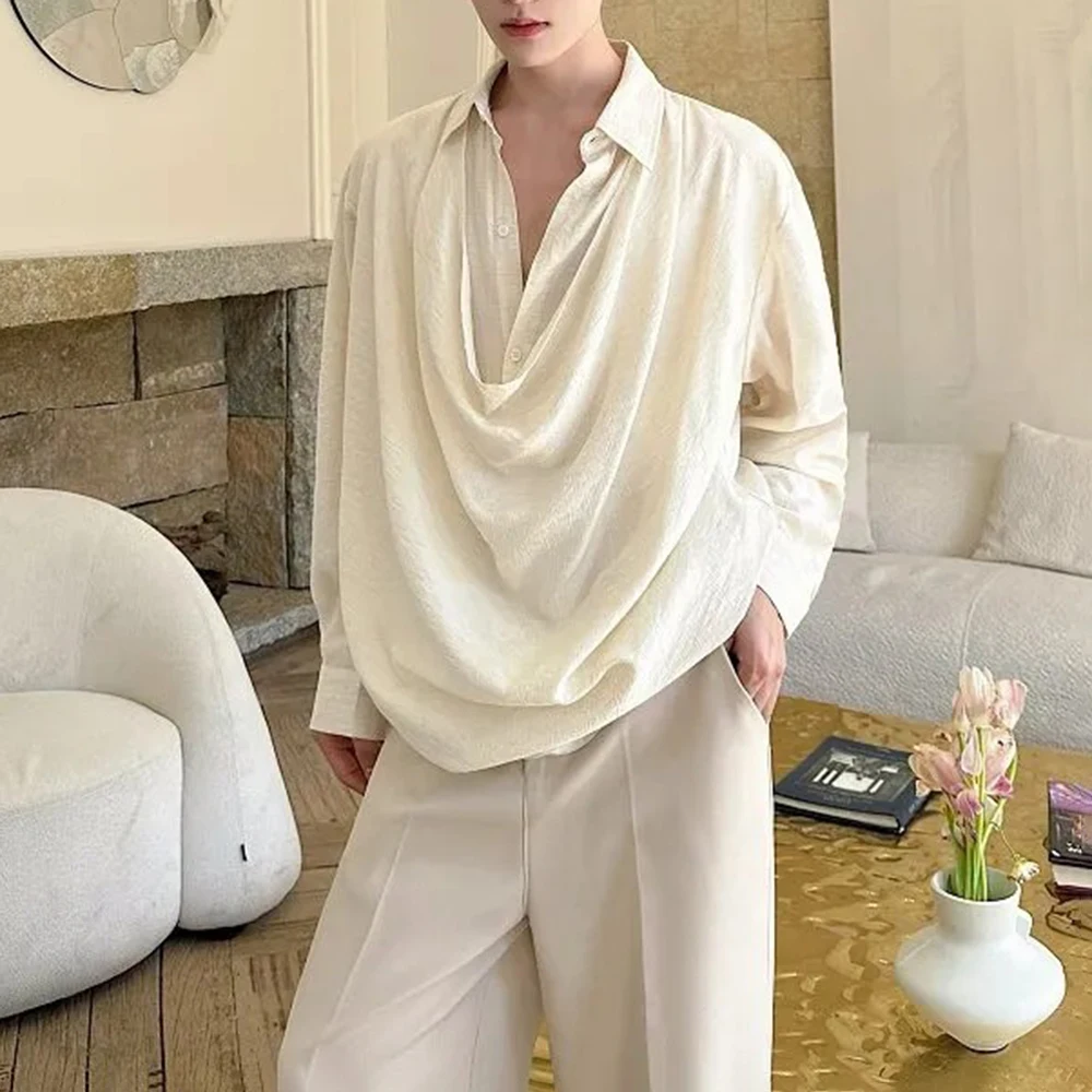

Summer Men's Solid Color Long-Sleeved Shirt Light Luxury French Retro Fashion Trend Leisure Loose Breathable Niche Men's Tops