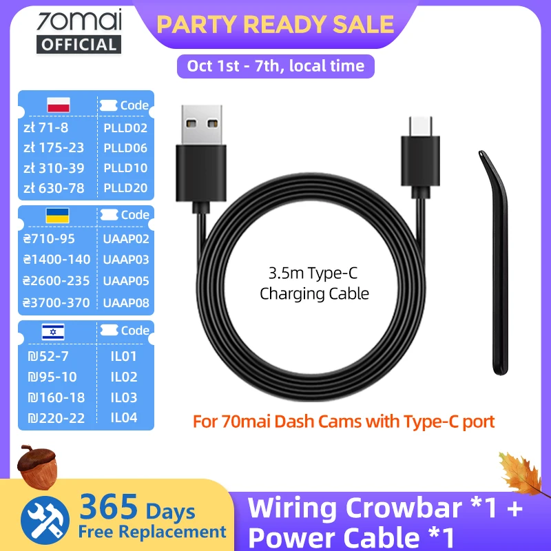 70mai Type-C Charging Cable for 70mai A810 X200 M500 & Micro USB Cable for 70mai 4K A800S 70mai A500S 1S M300 A200 M200 S500
