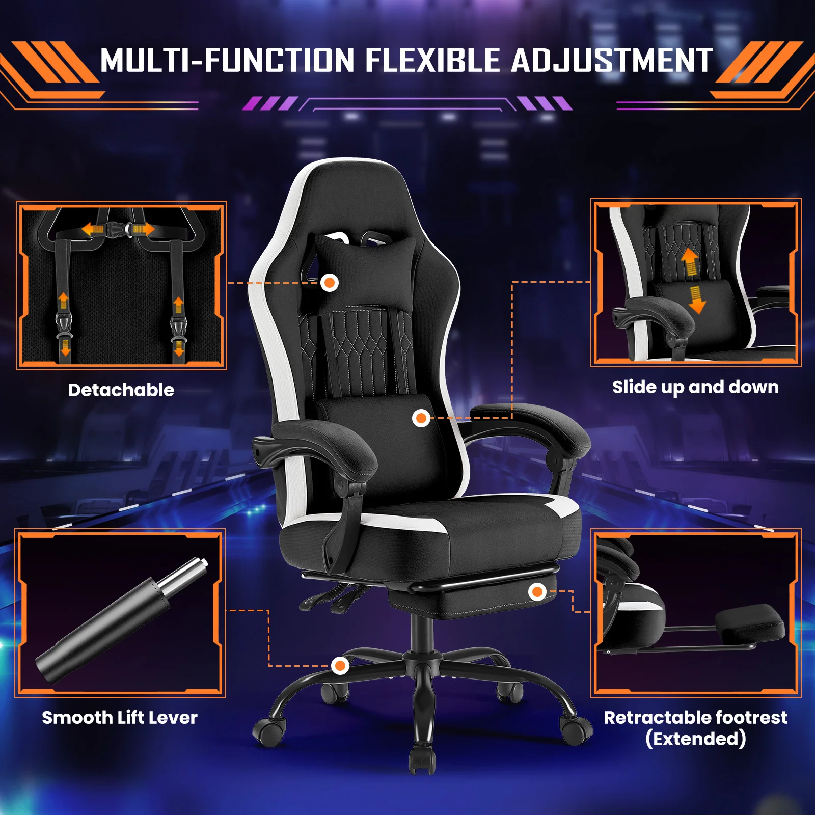 MCQ Computer Gaming Chair Ergonomic Desk Chair with Footrest and Lumbar Support 360° Swivel Wheels High Back Height Adjustable Task Chair with Linkage Armrests and Headrest