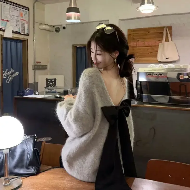 

Autumn Winter Women French Vintage Oversize Sweater Bow Coquette Pullovers Gyaru Mori Girl Knitwear Design Aesthetics Cute Chic