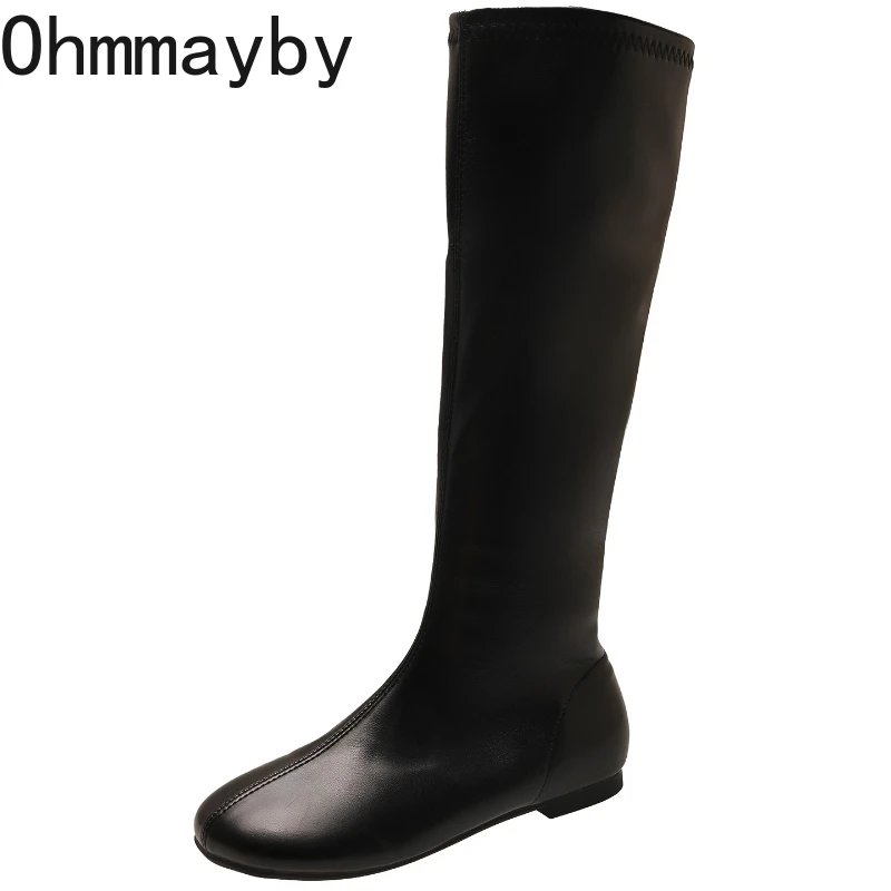 Street Style Stretch Women Knee High Boots Fashion Elegant Square Toe Shoes Women\'s Modern Flats Long Booties