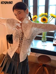 Grunge See Through Sexy Slim Women Shirts Lace Bandage Harajuku Blouse Fairy Flare Sleeve Sweet Y2k Aesthetic Blusas De Mujer