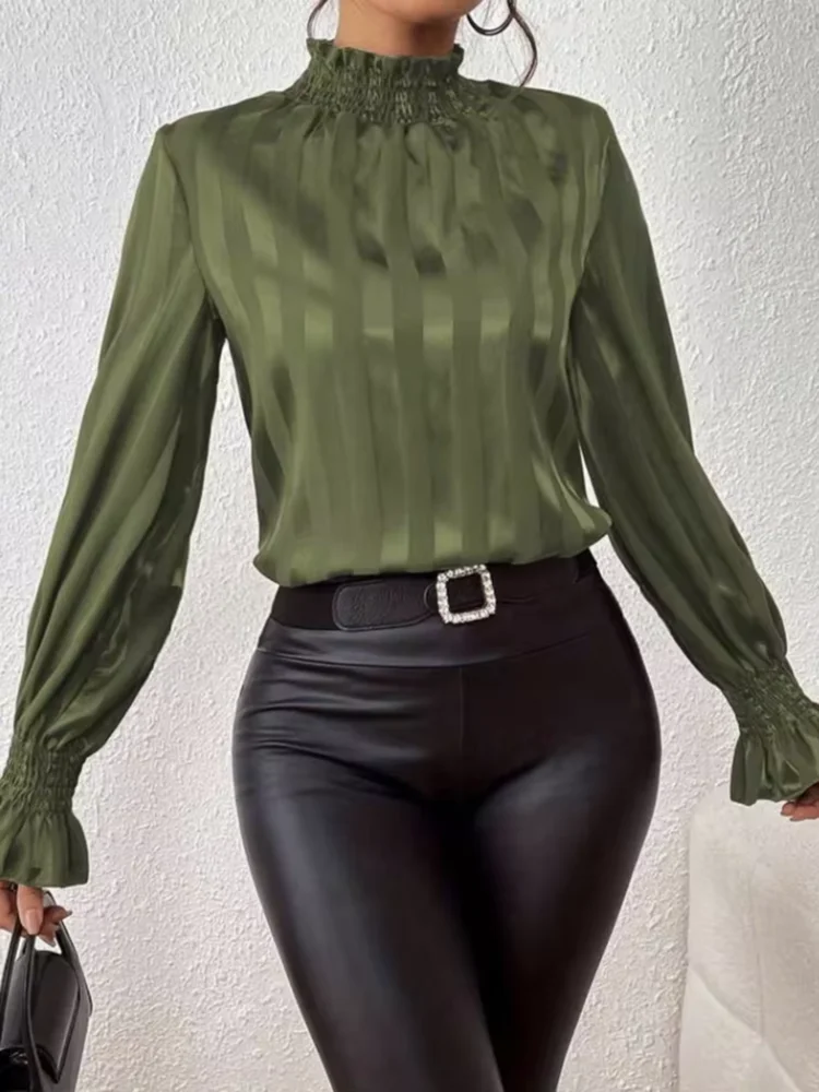 

Элегантная женская рубашка с воротником-стойкой, высококачественная, в полоску, с длинным рукавом, оливково-зеленая полосатая блузка