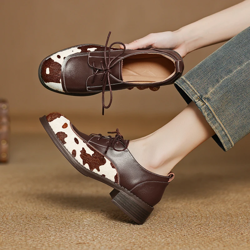 

Genuine Leather Loafers Pony Hair Round Toe Lace Up Vintage British Style Casual Luxurious Shoes