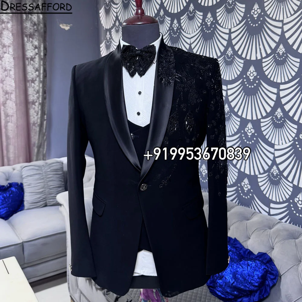 Sparkly Crystals Beaded Suits Men Formal Man Party Single Breasted Jacket Pants 2 Pieces Set Groom Tuxedo Male Fashion Clothing